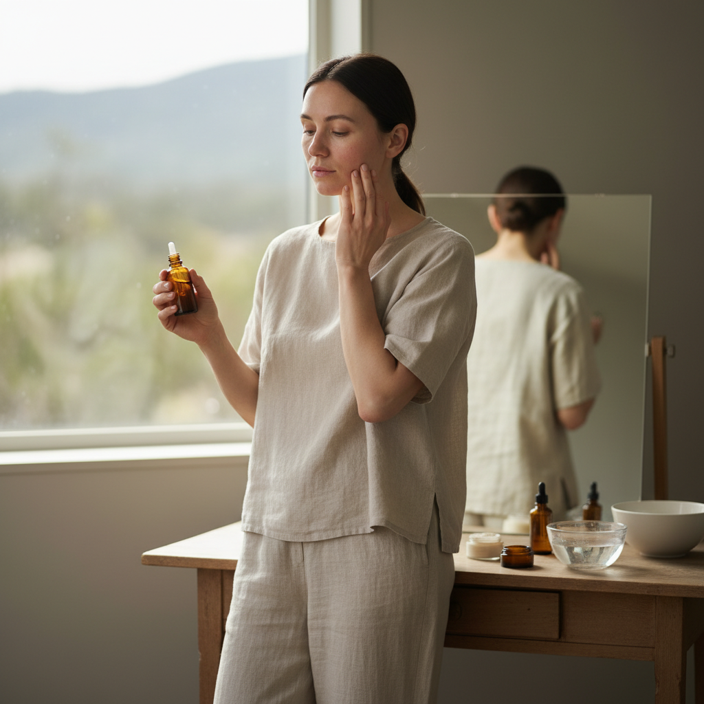 一位女性在明亮的家中，用手觸碰臉龐，手中握著一瓶敏感肌乳液，面對鏡子，專注於保養與舒緩肌膚。