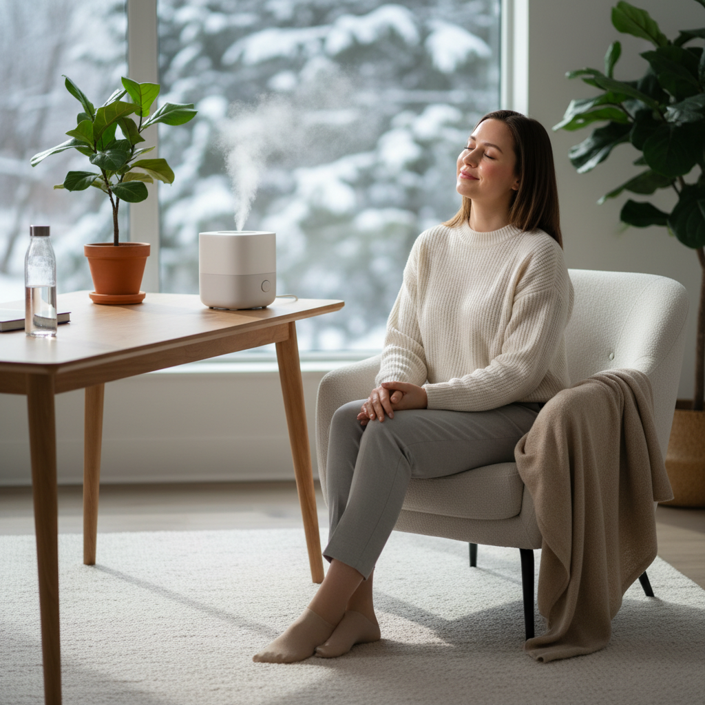 圖片中，一位女性坐在陽光充足的室內，面帶微笑，眼睛閉上享受空氣中的濕氣。旁邊的桌上有一台加濕器，正噴出細膩的水霧，室內環境舒適，旁邊還有植物，營造出放鬆的氛圍，適合敏感性肌膚的護理。