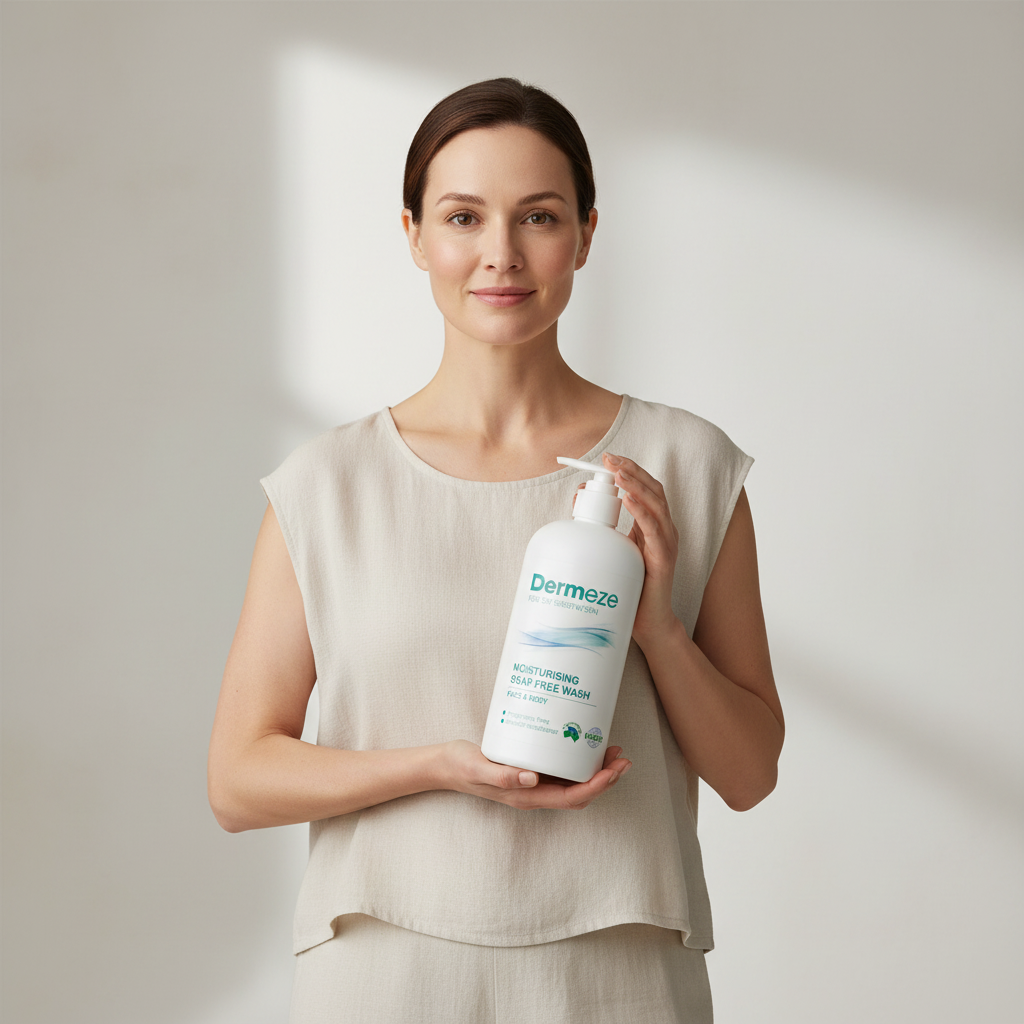 一位女性手持適合敏感性肌膚的保濕潔膚產品，正在介紹保濕與舒緩的重要性。