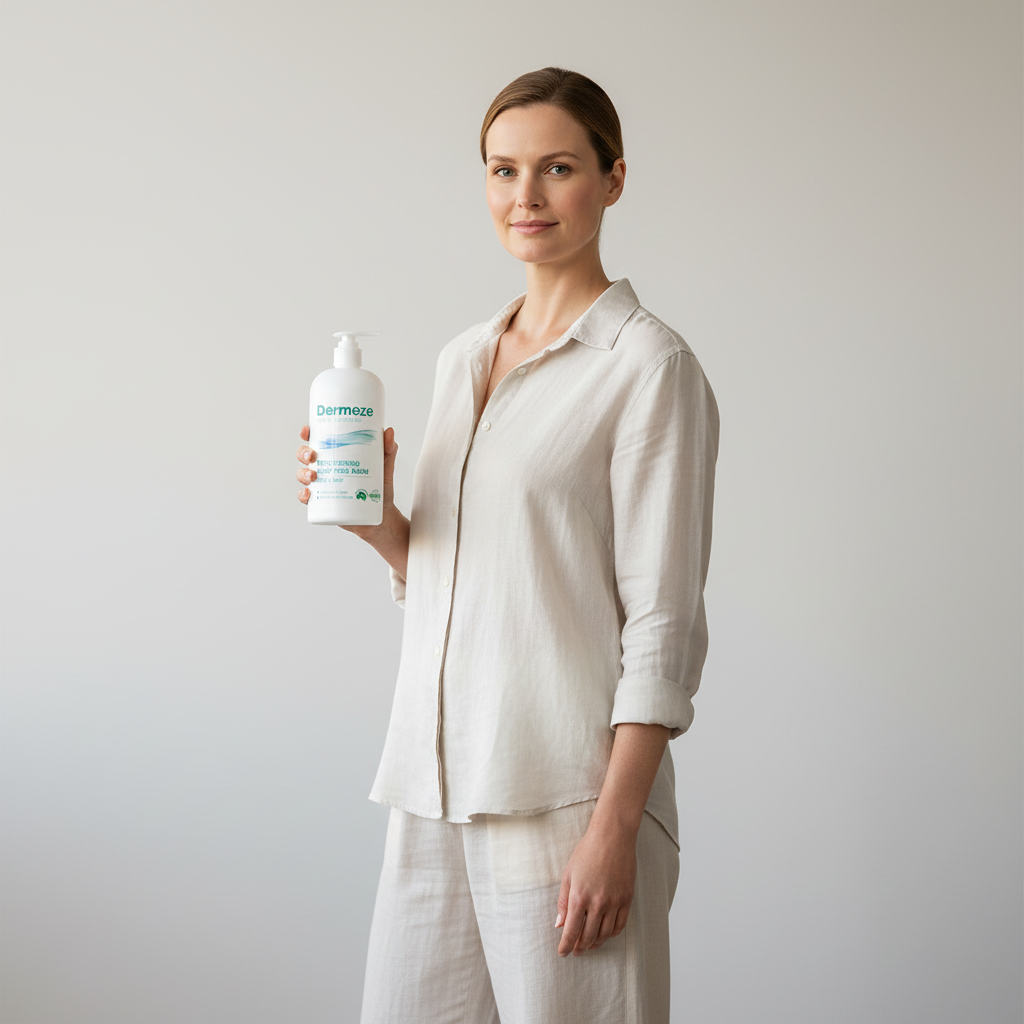 一位女性站在簡約背景前展示敏感肌乳液，突顯選用無添加、低敏感成分以維護皮膚屏障與健康的必要性，強調科學敏感肌護理新準則在台灣氣候下的重要地位。