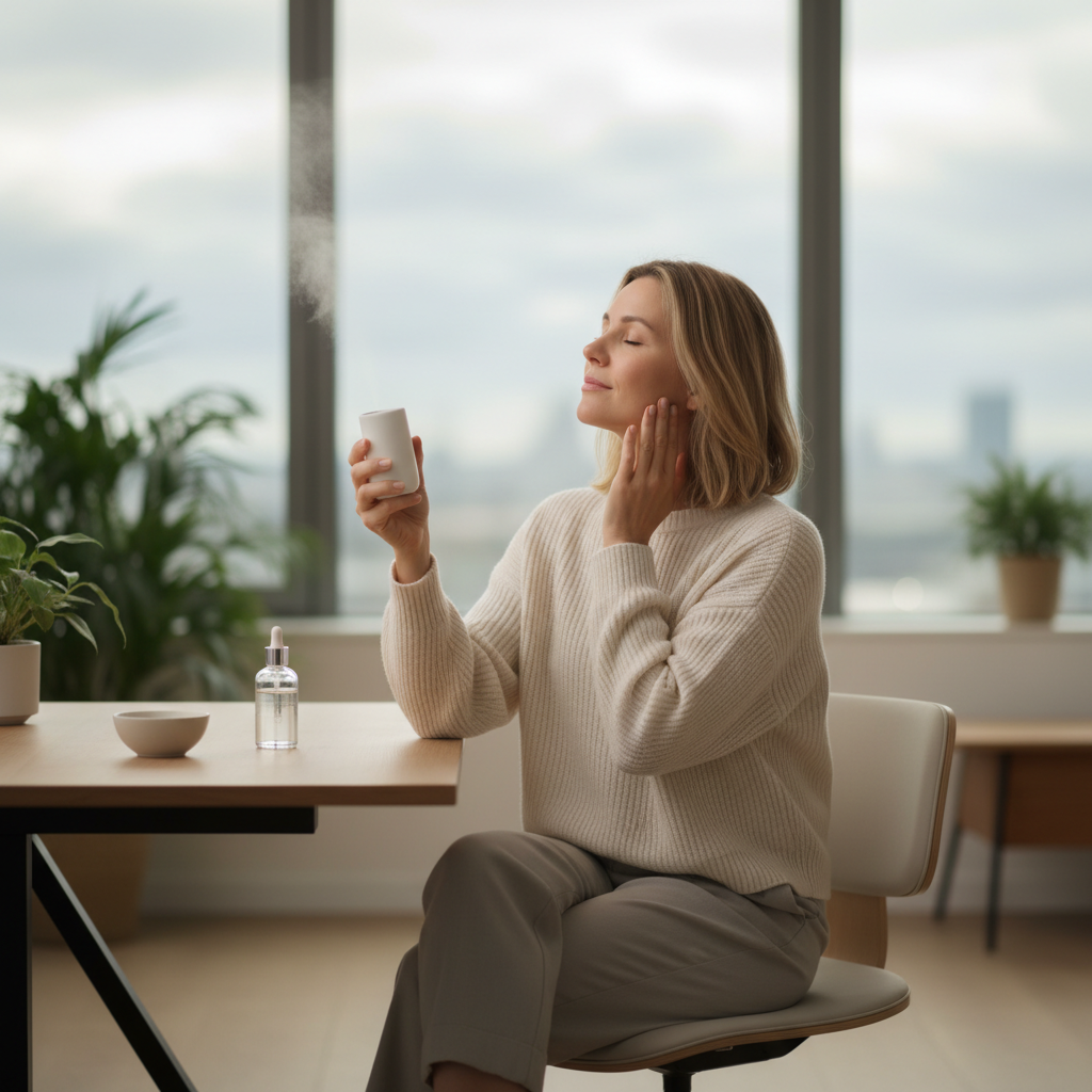 圖片顯示一位女性坐在光線明亮的桌邊，面帶微笑的她正在使用一款敏感肌保養乳液，周圍有植物和精華液，充分展示了她的敏感肌膚保養過程。