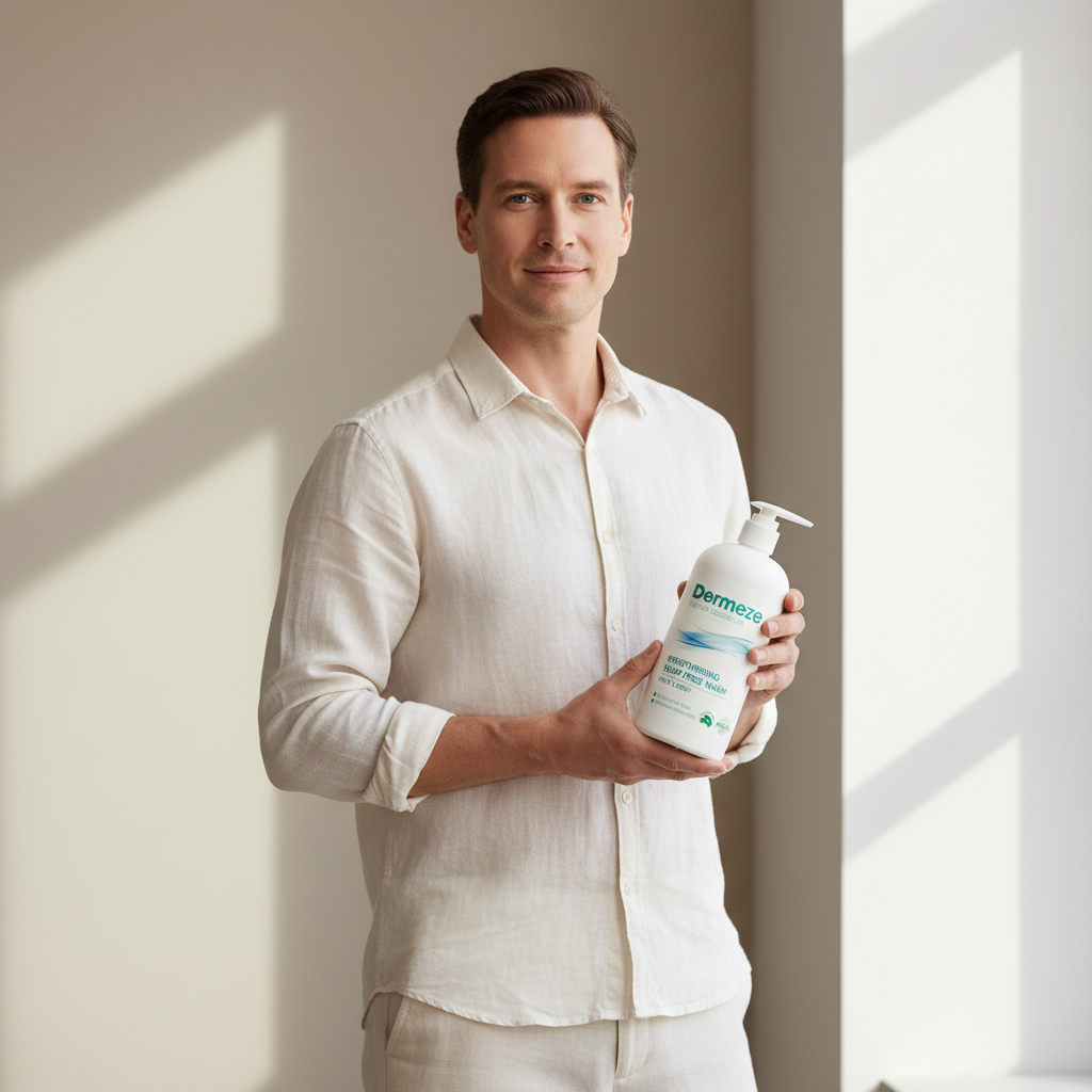 一位男性在明亮的房間中，微笑著手持一瓶敏感肌乳液，這款產品專為皮膚敏感和過敏的人士設計，能有效緩解冬季乾燥脫皮與皮膚乾癢的問題，適合各年齡層使用。