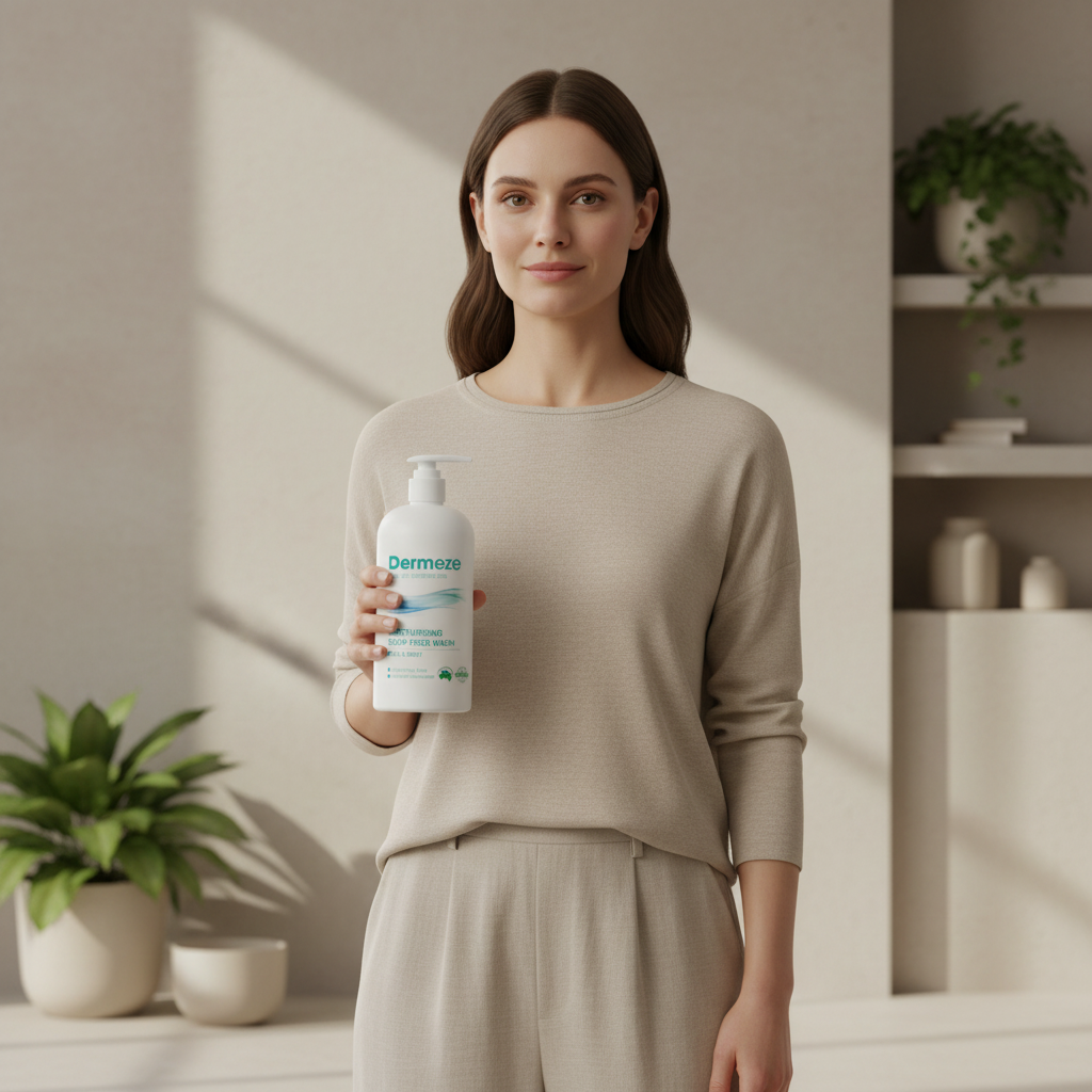 這張圖片展示一位女性手持敏感肌乳液，背景簡約時尚，展現出適合敏感性肌膚保養的產品，特別適合皮膚過敏及乾燥情況，女性穿著柔和顏色的衣物，讓人感覺舒適。