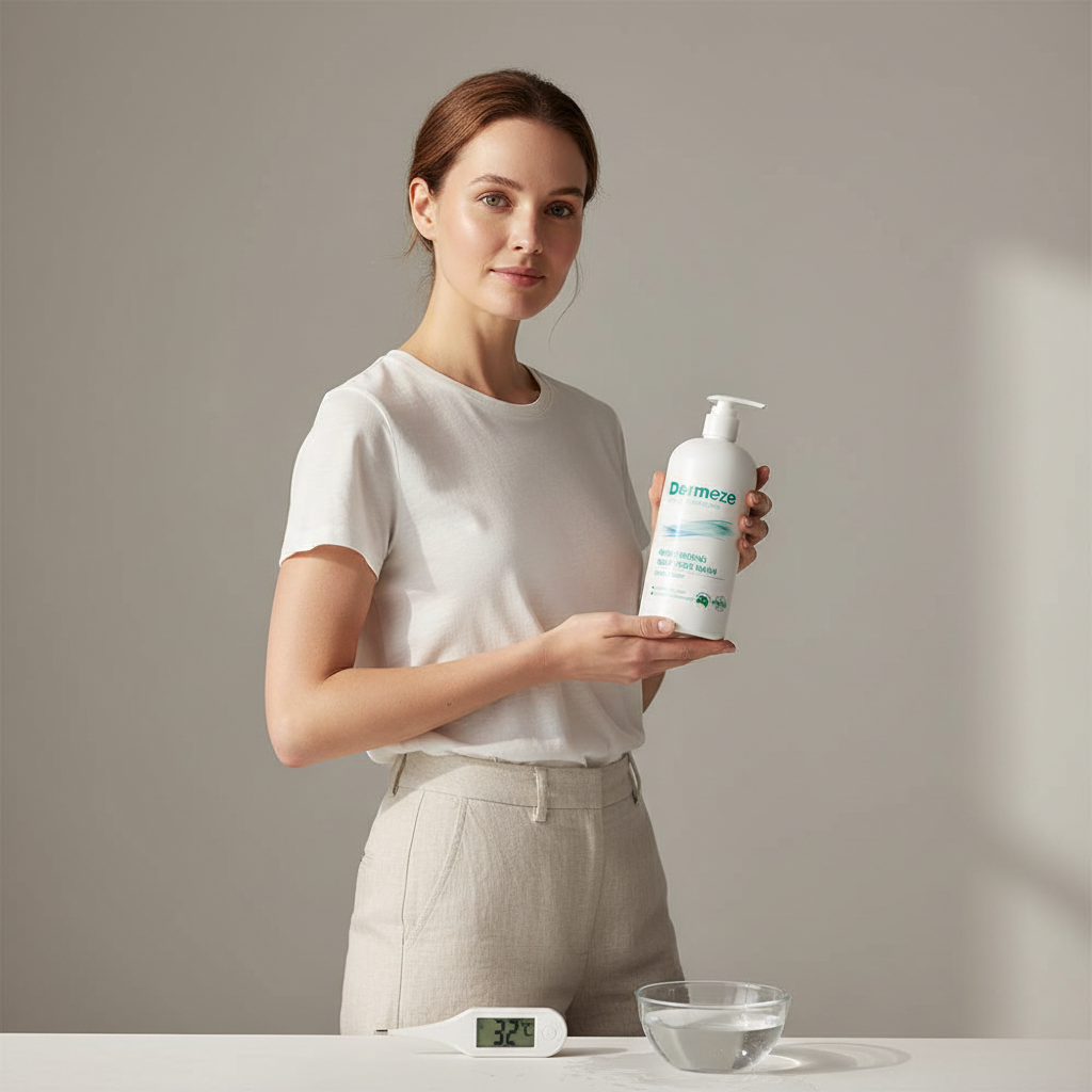 一位女性手持敏感肌乳液，正站在明亮的室內，旁邊有一碗水和溫度計，展示適合敏感性肌膚的保養品，適合想要改善皮膚乾燥問題的人。