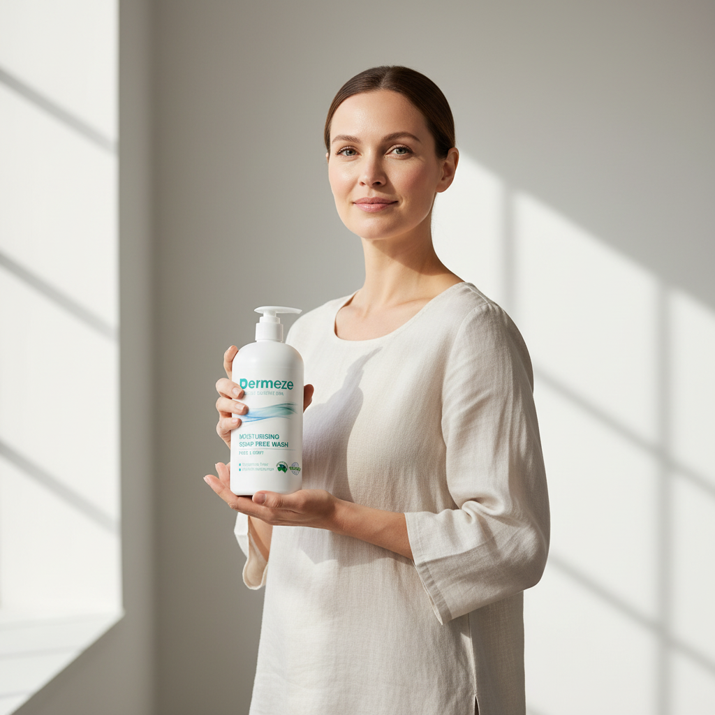 這張圖片展示了一名女性正手持針對敏感性肌膚的保養乳液，窗外的光影映照下，她的表情透露出信心與舒適，適合需要面對皮膚過敏或乾燥的人們使用。