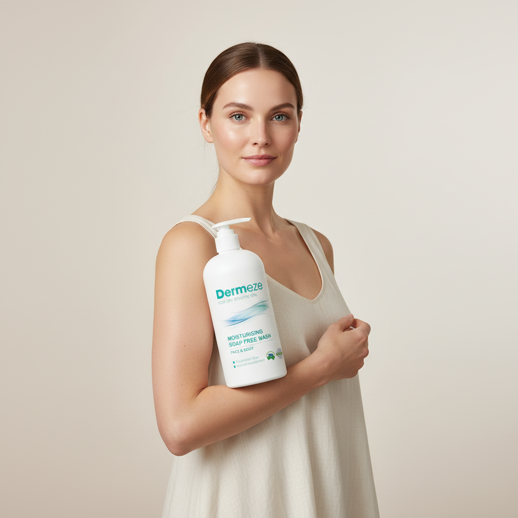 這張圖片展示了一位年輕女性微笑著抱著一瓶針對敏感性肌膚的保濕無皂清潔劑，背景以淡色為主，展現自然與柔和的氛圍。此產品專為皮膚過敏及敏感肌保養設計，適合各年齡層使用。