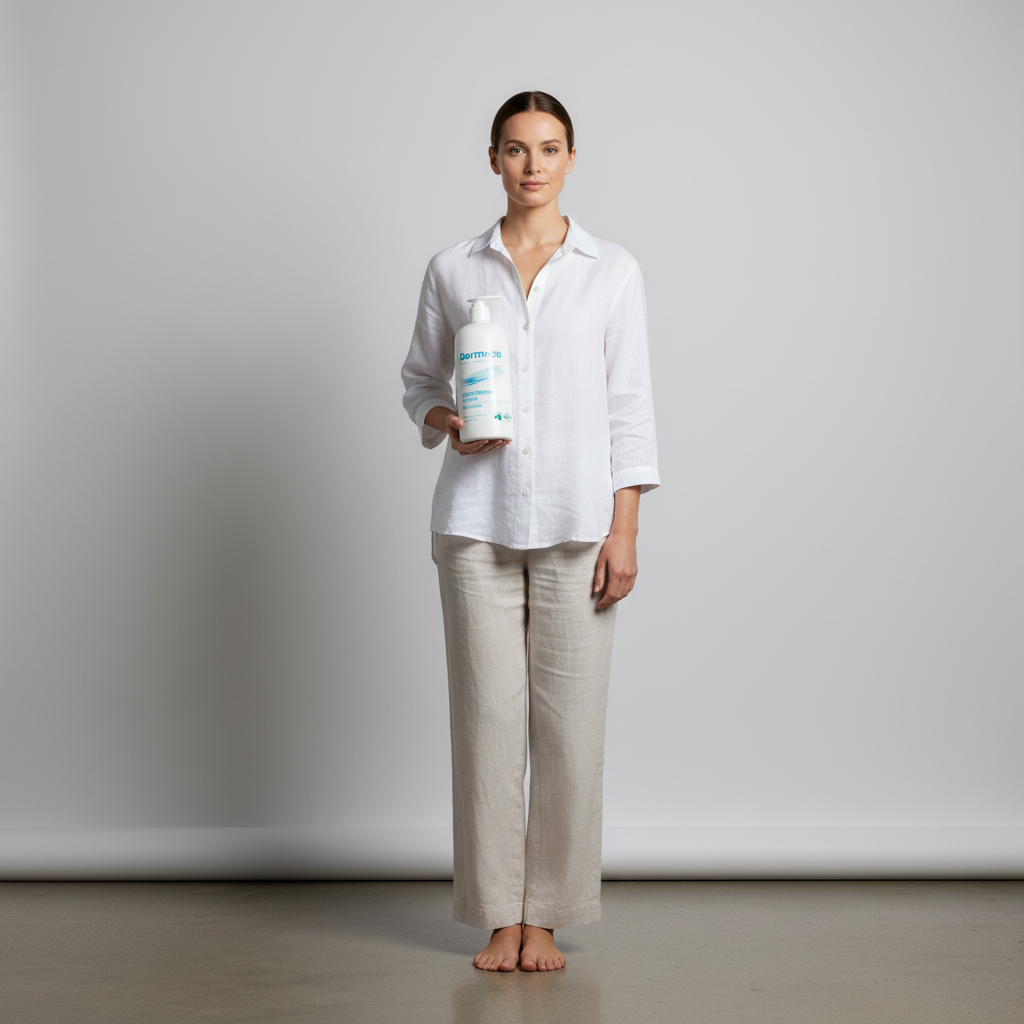 這張圖片顯示一位女性穿著白色襯衫和淺色褲子，手中拿著一瓶適合敏感性肌膚的保養乳液，背景簡單的白色牆面讓她的容貌與產品更為突出，適合敏感肌保養的好選擇。