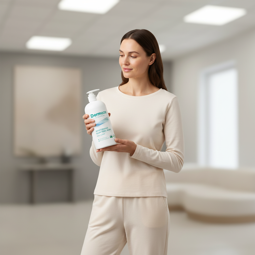 圖片中，一位女性輕輕伸出手，手中握著一瓶保濕乳液，顯示出適合敏感性肌膚的產品，周圍環境明亮，留白空間營造輕鬆感，畫面聚焦在她愉悅的表情和產品上，突出敏感肌乳液推薦的主題。