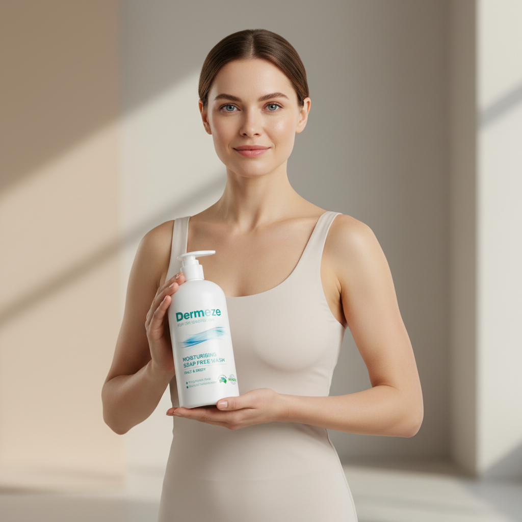 這張圖片展示一位女性手持一瓶敏感肌膚保養乳液，臉上展現出自信的微笑，背景柔和，彰顯出產品的專業感。這款乳液特別適合有敏感性肌膚的人士，能有效舒緩和保護肌膚。