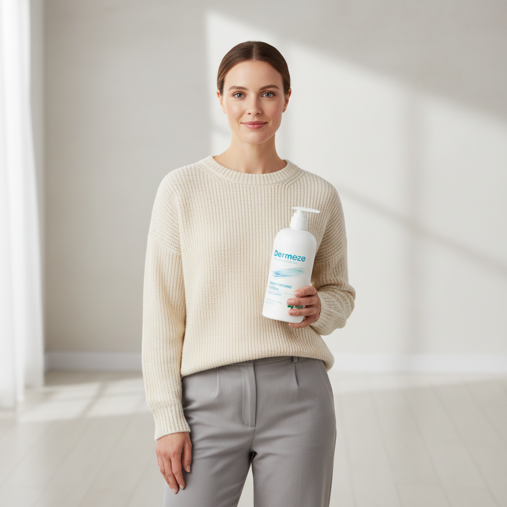 圖片展示一位女性穿著米色毛衣，手持一瓶標示有「Dermeze」的護膚乳液，背景明亮清新。這款乳液專為敏感性肌膚而設計，適合有皮膚過敏或嬰兒皮膚乾燥問題的人使用。