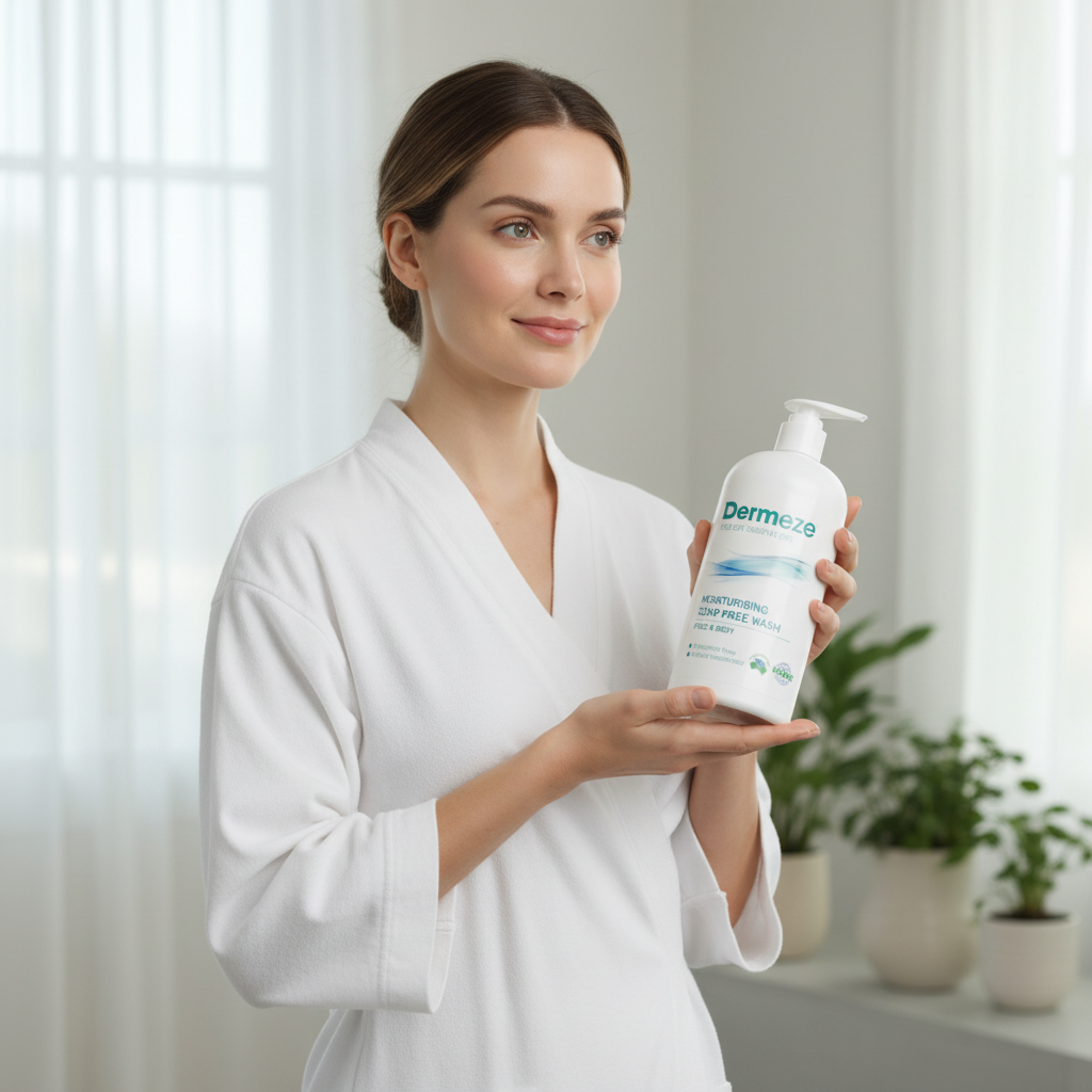 一位年輕女性站在明亮的房間中，穿著輕便的白色浴袍，手中舉著一瓶標示為「敏感肌專用滋潤洗面乳」的護膚品，似乎在介紹這款適合敏感肌膚的產品，背景中有幾盆植物，展現出清新的居家氛圍。