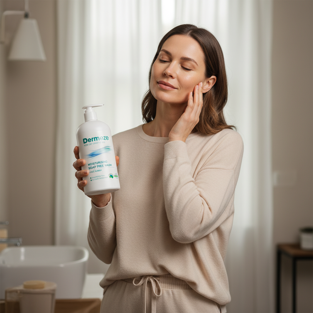 圖片中，一位女性手握保濕無皂洗劑，輕撫自己的臉頰，展現舒適愉悅的神情，適合敏感性肌膚的護理。
