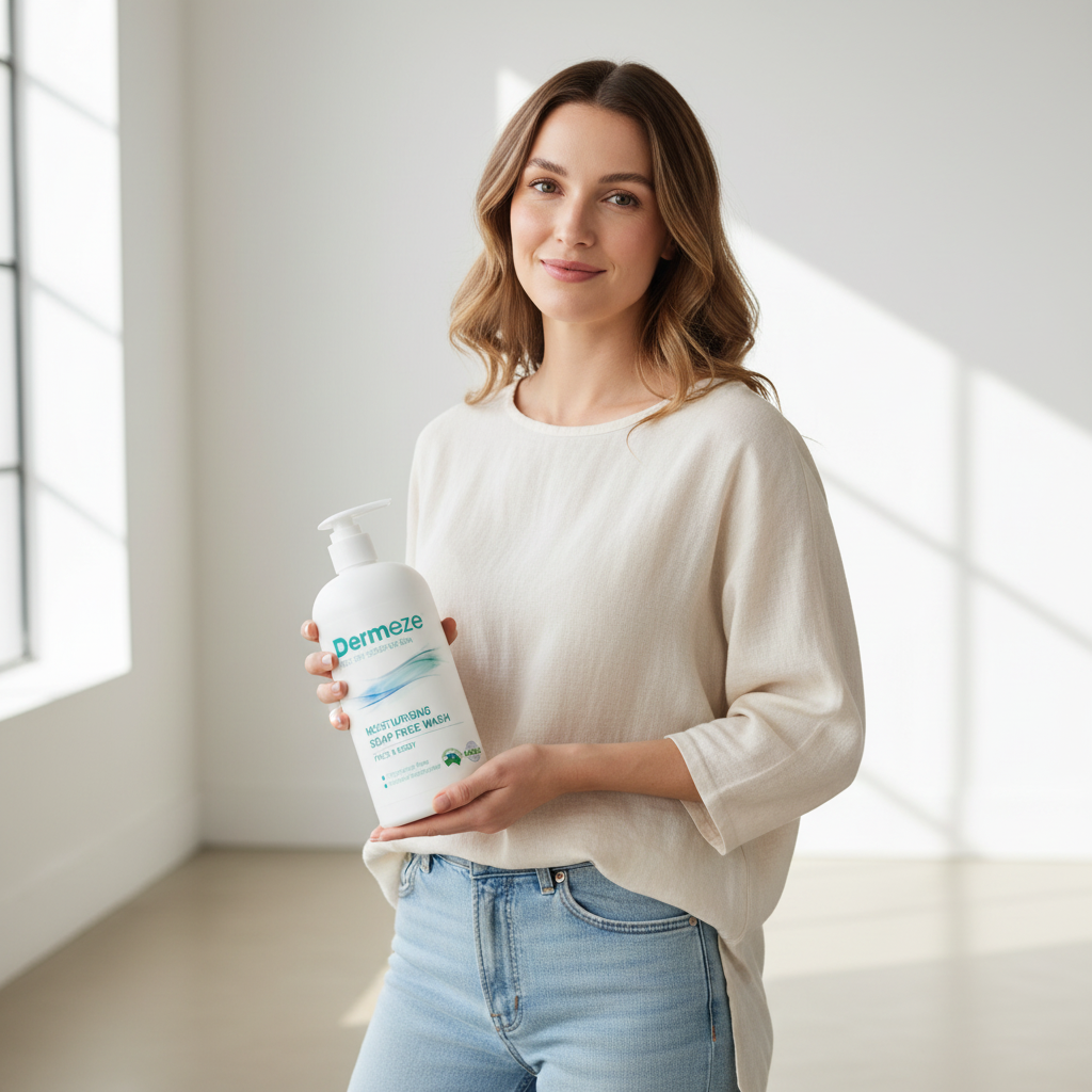 這張圖片展示了一位年輕女性手持濕潤型無皂清潔劑，表情自信，感覺輕鬆，背景自然光透過窗戶照射，適合敏感性肌膚的清潔產品，可以有效舒緩皮膚過敏狀況。