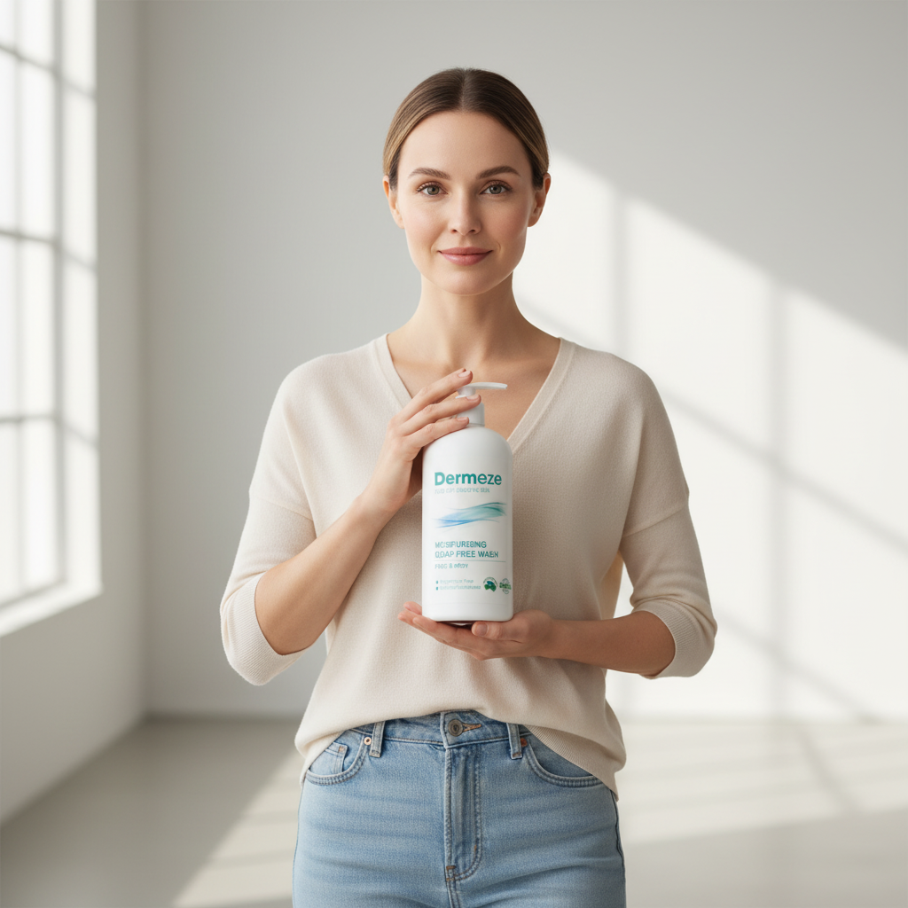 一位女性手持Dermeze敏感肌乳液，展現出白皙均勻的肌膚，背景為明亮的室內空間，展示適合敏感性肌膚的護膚產品。