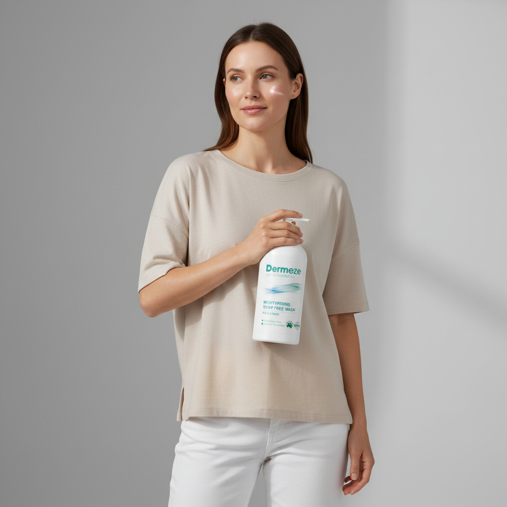 這張圖片展示了一位年輕女性，手持一瓶適合敏感性肌膚的乳液，臉上帶著微笑，似乎在分享敏感肌乳液推薦。她穿著簡約的淺色上衣，背景簡單明亮，強調產品的重要性，適合敏感肌膚的保養需求。