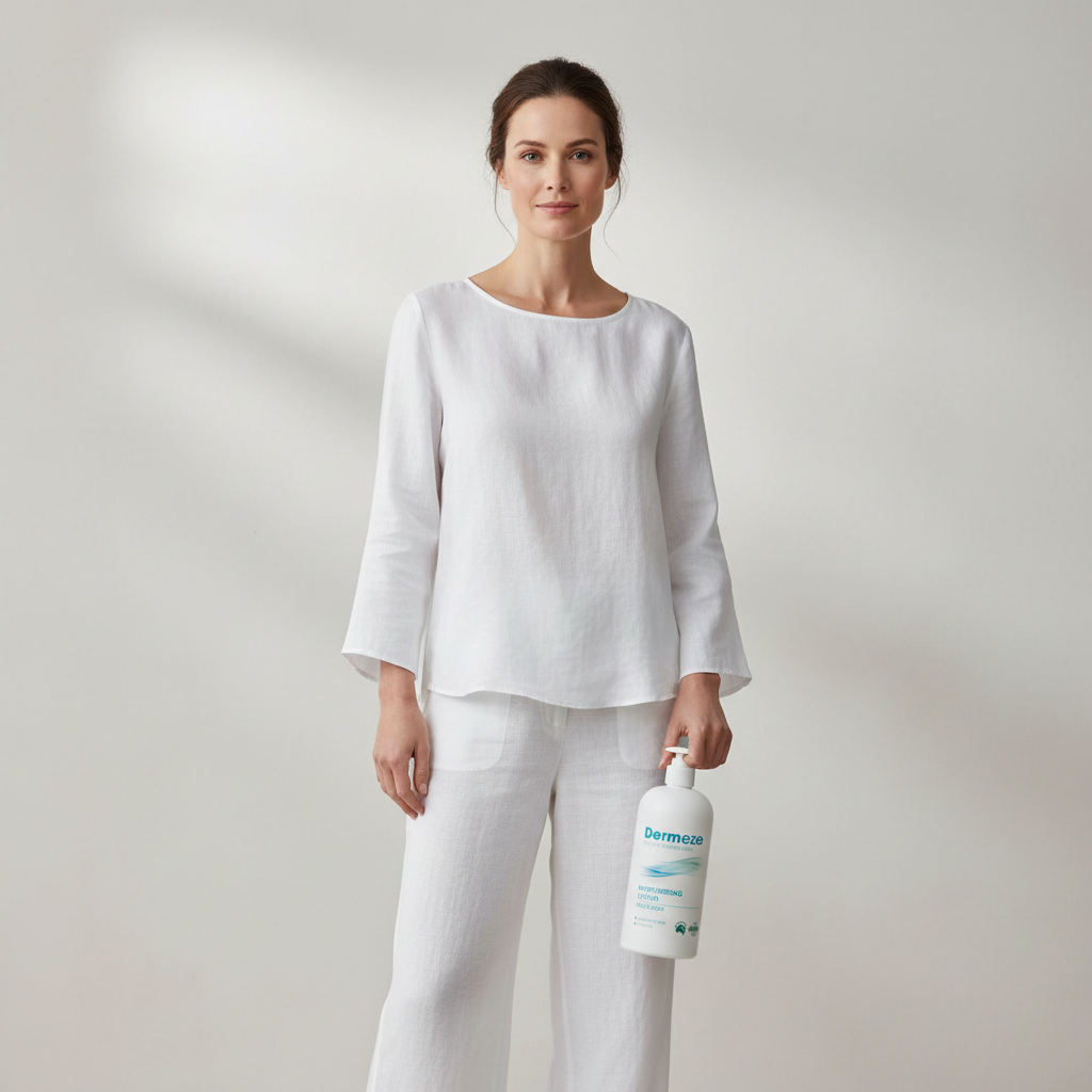 一位女性站在白色牆壁前，手中拿著保濕乳液，展現適合敏感性肌膚的護理產品，傳達防止皮膚過敏和乾燥的保養理念。