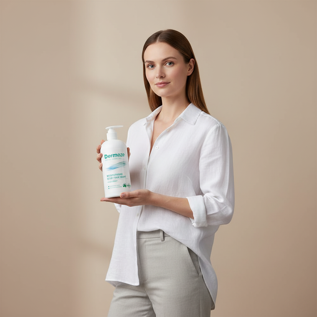 一位女性穿著白色襯衫，手中持著一瓶專為敏感性肌膚設計的乳液，背景顏色柔和，傳遞出舒適的保養感覺，適合敏感肌膚的護理需求。