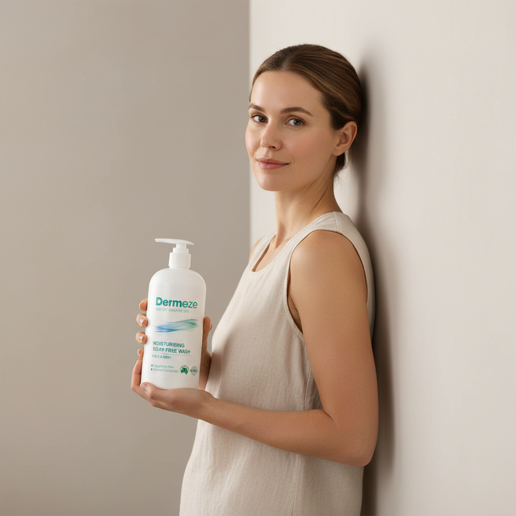 一位年輕女性站在牆邊，手中持著一瓶標示為“敏感肌乳液”的產品，展示出適合敏感性肌膚使用的保養品。