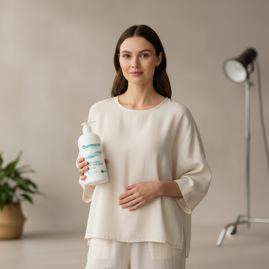 在明亮的室內背景中，一位女性手持敏感肌乳液，展現出適合敏感性肌膚的保養產品，強調舒緩與滋潤功能，為正在尋找敏感肌保養的消費者提供選擇。